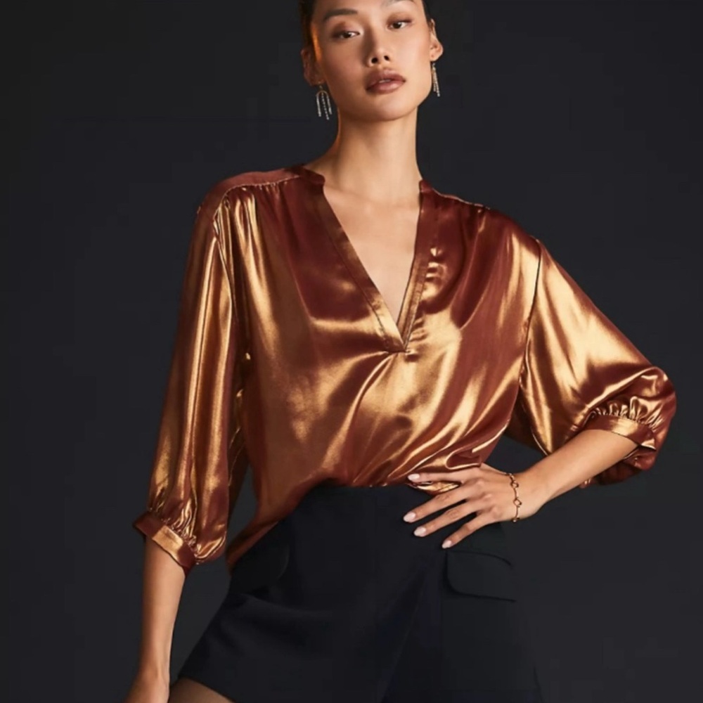 Anthropologie Brown Relaxed Wrap Blouse with 3/4 Sleeves
